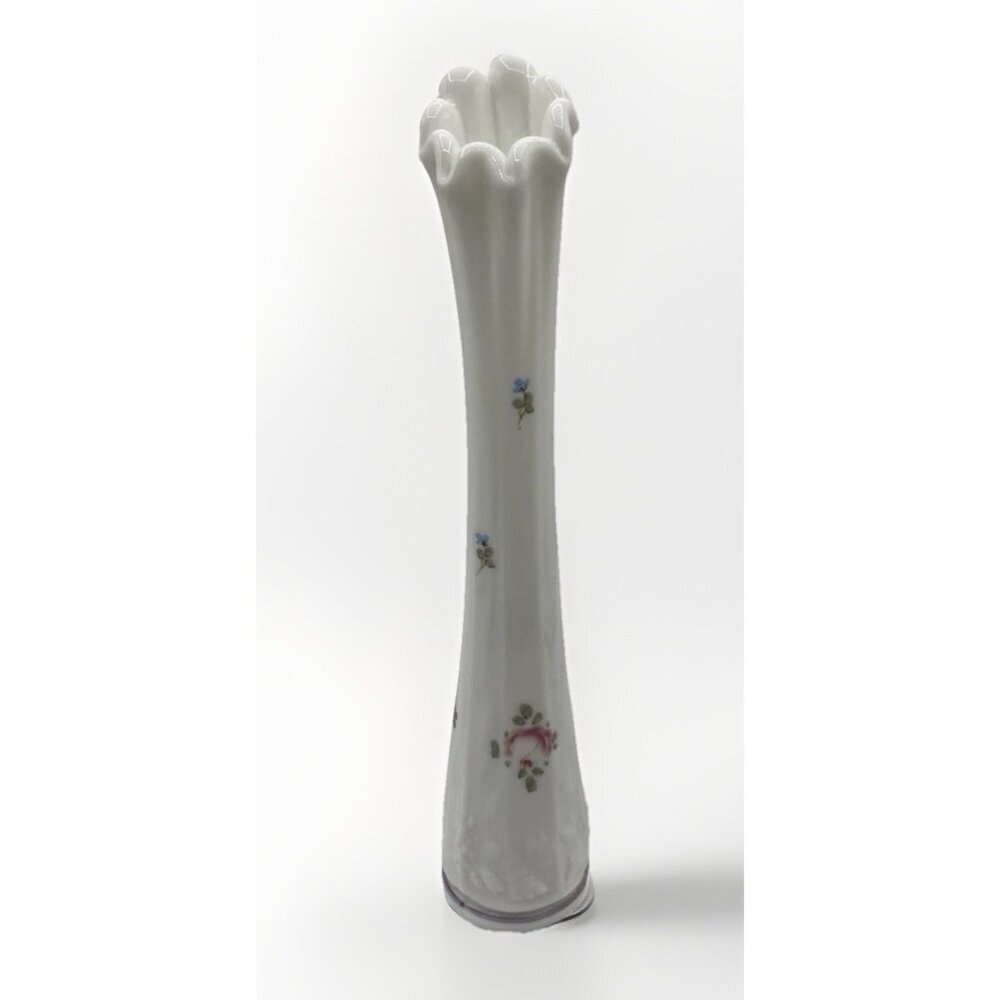 Vintage Westmoreland MCM Milk Glass Swung Bud Vase 10.25" Hand Painted Ribbed